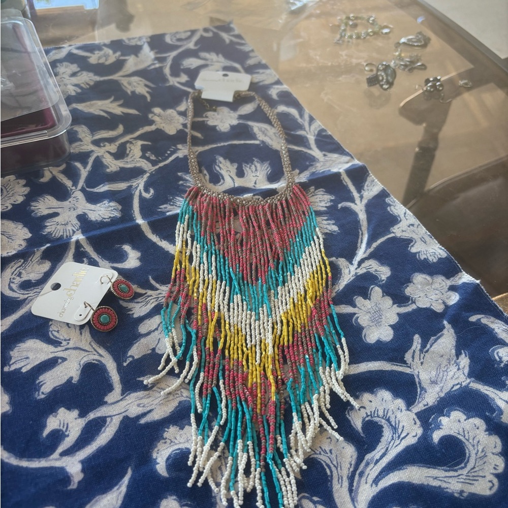 Multicolor Beaded Fringe Necklace and Earring Set